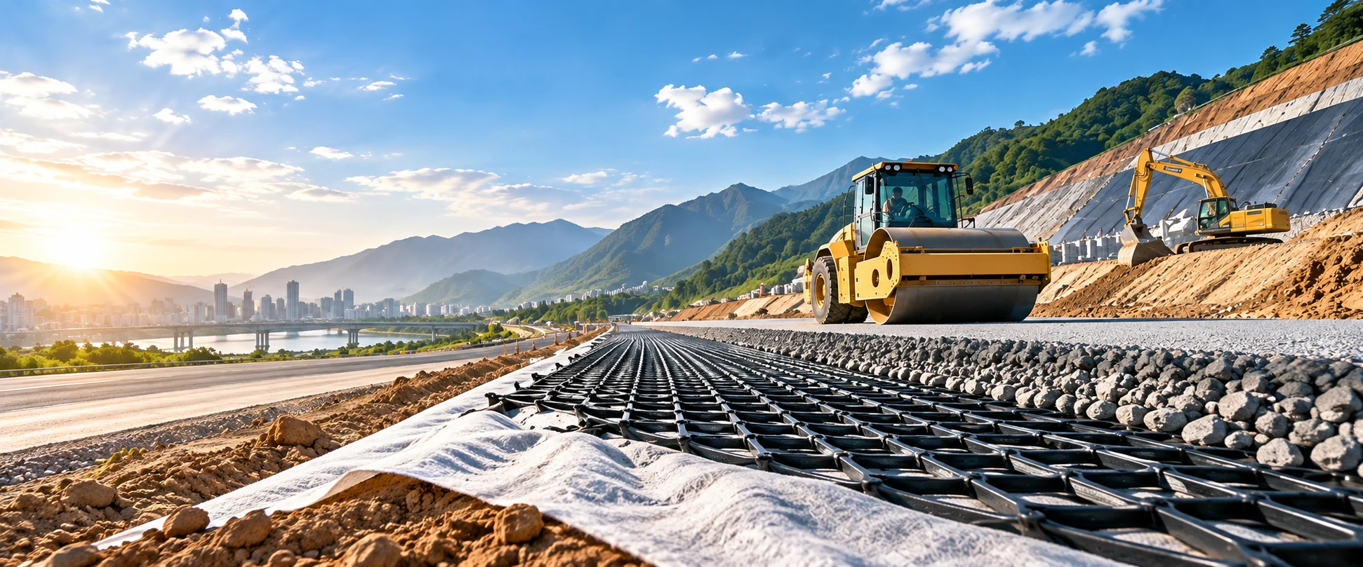 Geosynthetic reinforcement layer beneath a road construction area