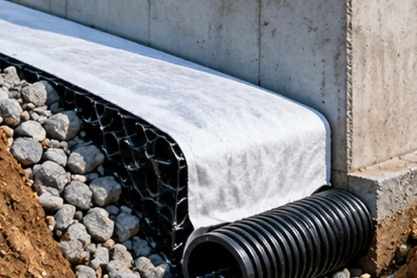 Illustrative cutaway of a drainage layer, aggregate and perforated pipe beside a wall.
