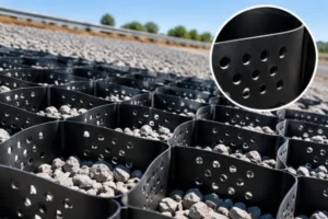 Illustration of perforated geocell walls containing aggregate.