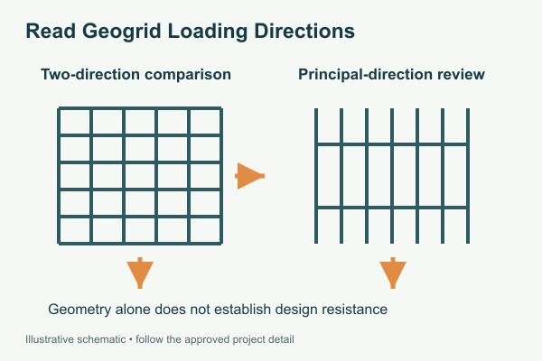 Read Geogrid Loading Directions. Illustrative technical diagram, not a construction drawing.