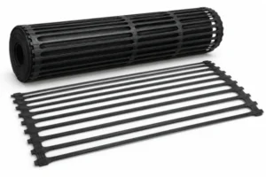 Product illustration of a rolled black geogrid with elongated openings.