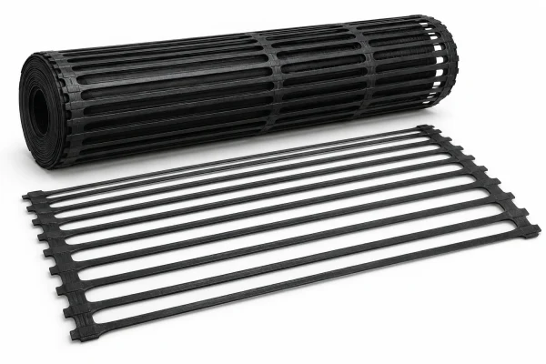 Product illustration of a rolled black geogrid with elongated openings.