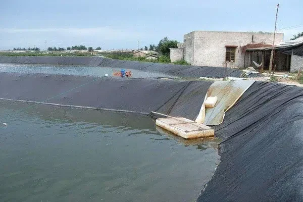 Dark liner material beside water in a lined basin.