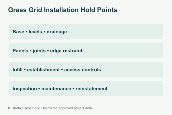 Grass Grid Installation Hold Points. Illustrative technical diagram, not a construction drawing.