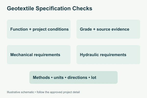 Geotextile Specification Checks. Illustrative technical diagram, not a construction drawing.