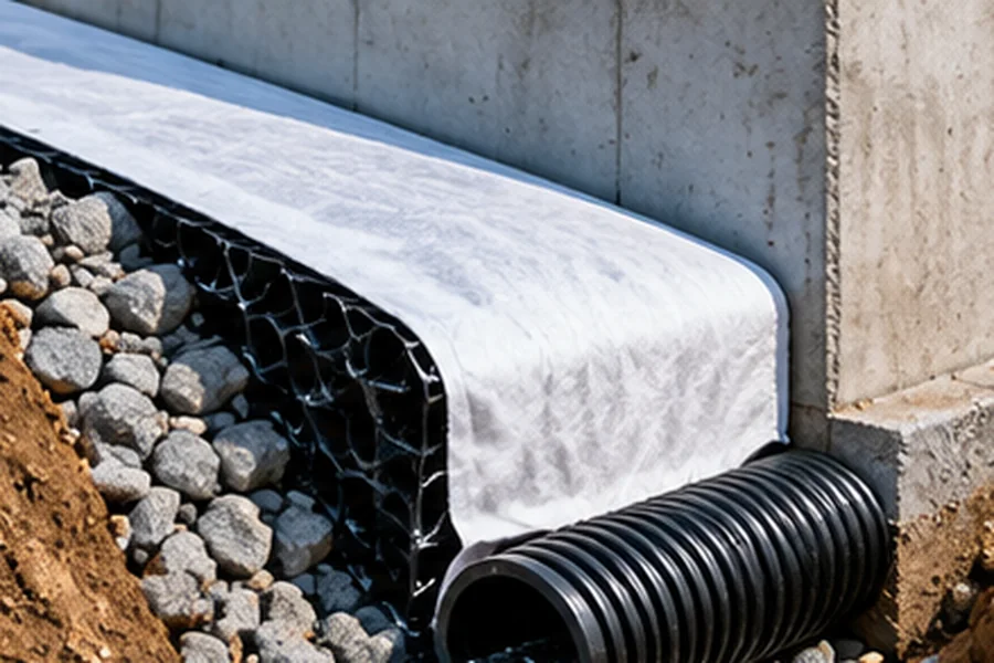 Drainage geocomposite layer beside a buried structure