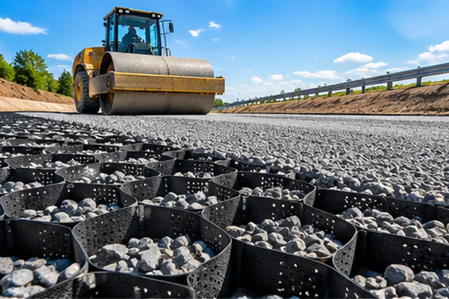 Geocell and aggregate in a road access-route layer