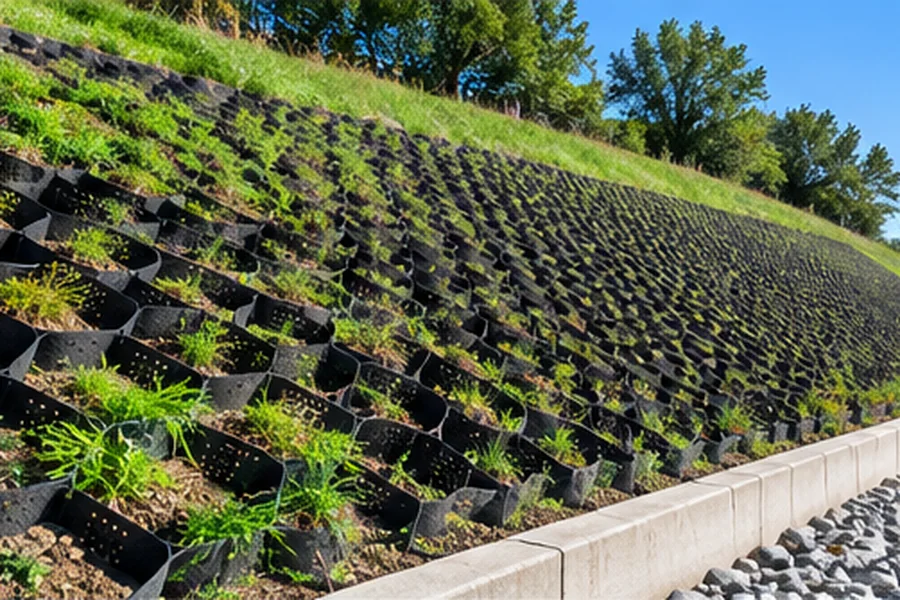 Geocell panels covering a protected slope surface