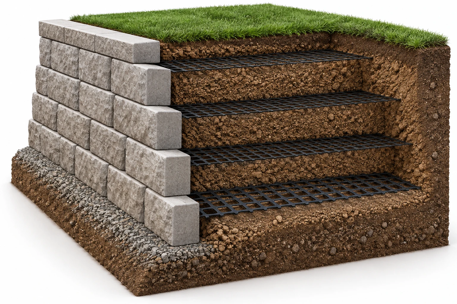 Geogrid reinforcement in a retaining-wall construction scene